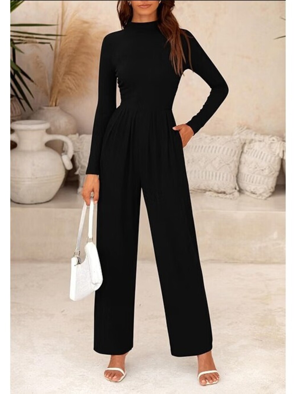 NWT PRETTYGARDEN Black Ribbed Mock Neck Wide Leg Jumpsuit S